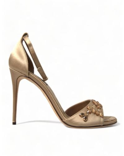 Dolce & Gabbana Gold Satin Ankle Strap Crystal Sandals Shoes - Metallic