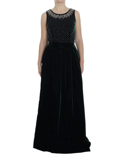 Dolce & Gabbana Green Velvet Crystal Long Maxi Dress - Black