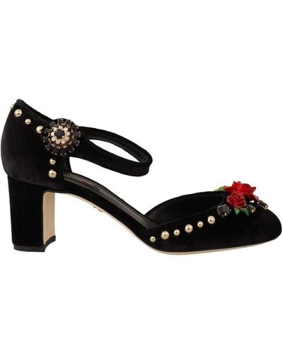 Dolce & Gabbana Velvet Roses Ankle Strap Pumps Shoes - Black