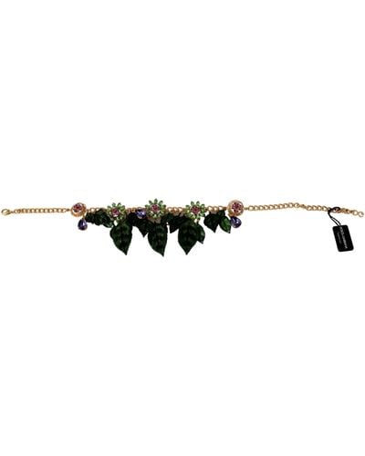 Dolce & Gabbana Floral Crystal Charm Gold Brass Statement Necklace - Multicolor