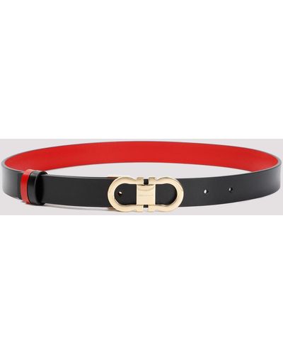 Ferragamo Black And Flame Red Double Gancio Calf Leather Belt