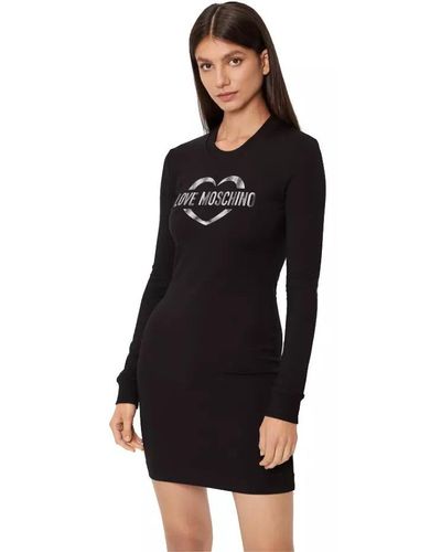 Love Moschino Chic Cotton Blend Logo Dress - Long Sleeves - Black