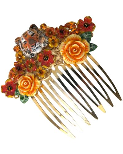 Dolce & Gabbana Brass Crystal Leopard Floral Hair Comb - White
