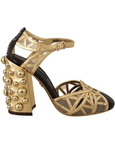 Dolce & Gabbana Black Gold Leather Studded Ankle Straps Shoes Lamb Leather - Metallic