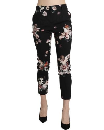 Dolce & Gabbana Black Angel Floral Cropped Trouser Wool Trousers