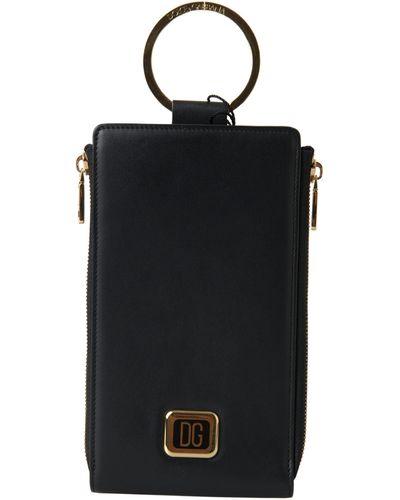 Dolce & Gabbana Black Leather Dg Logo Gold Zip Card Holder Men Wallet