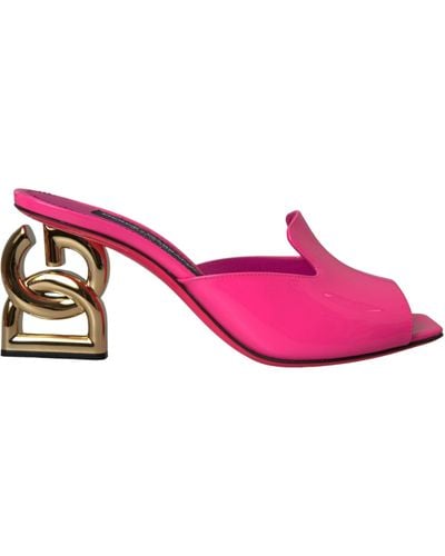 Dolce & Gabbana Neon Leather Logo Heels Sandals Shoes - Pink