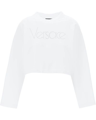 Versace Felpa Cropped Con Logo In Strass - White