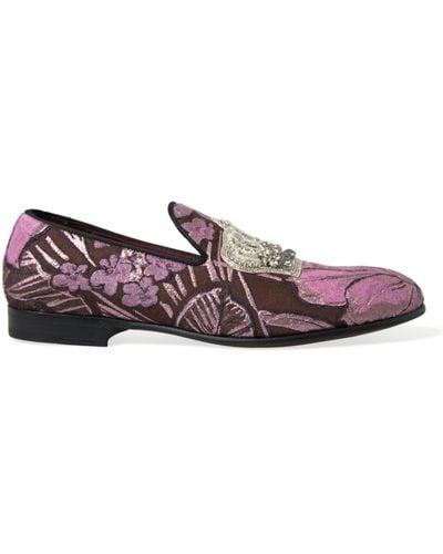 Dolce & Gabbana Pink Printed Crystal Embellished Loafers Dress Shoes - Purple