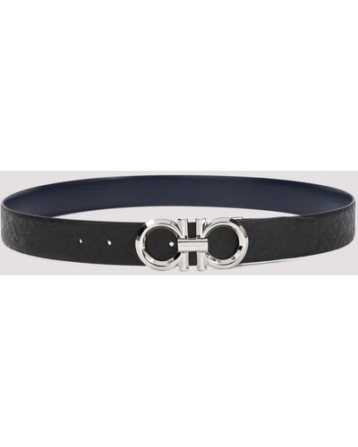 Ferragamo Gancini Belt In Black And Navy Leather - Blue