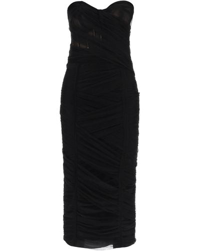 Dolce & Gabbana Midi Bustier Dress In Draped Tulle - Black