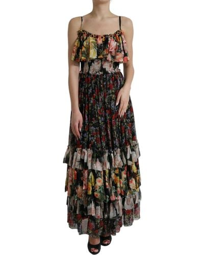 Dolce & Gabbana Multicolour Floral Chiffon Tiered Maxi Dress - Black