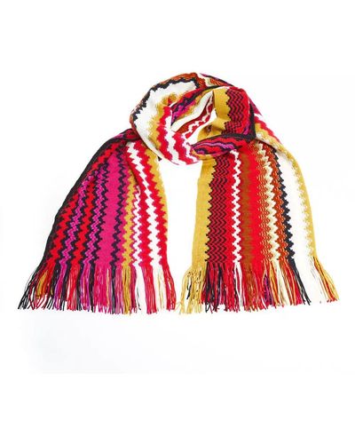 Missoni Geometric Patterned Fringed Scarf In Vibrant Hues - Red