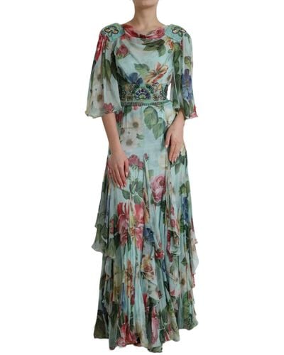Dolce & Gabbana Blue Floral Print Tiered Long Maxi Dress - Green