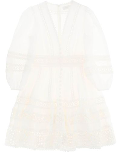 Zimmermann 'devi Spliced' Mini Dress With Crochet Inserts - White