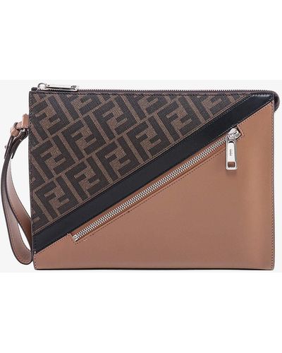 Fendi Leather Closure With Zip Clutches - Grey