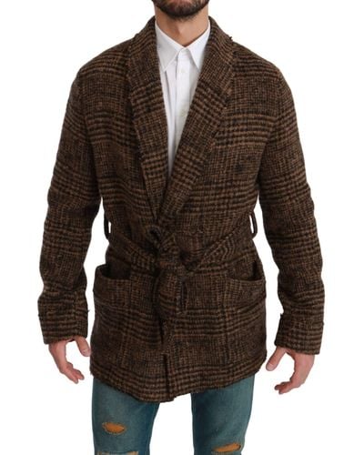 Dolce & Gabbana Brown Chequered Wool Robe Coat Wrap Jacket