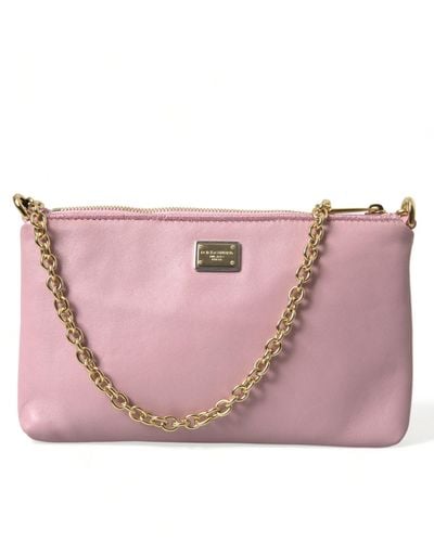 Dolce & Gabbana Elegant Leather Pouch Clutch With Floral Embroidery - Pink