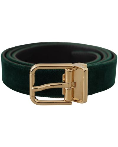 Dolce & Gabbana Emerald Velvet Designer Belt With Golden Buckle - Black