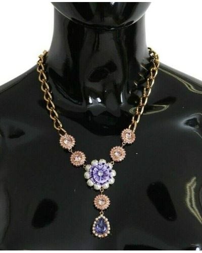 Dolce & Gabbana Pink Brass Crystal Purple Pearl Pendants - Black