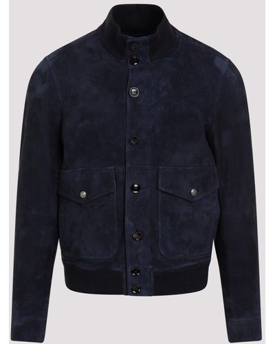 Tom Ford Navy Suede Lamb Leather Bomber Jacket - Blue