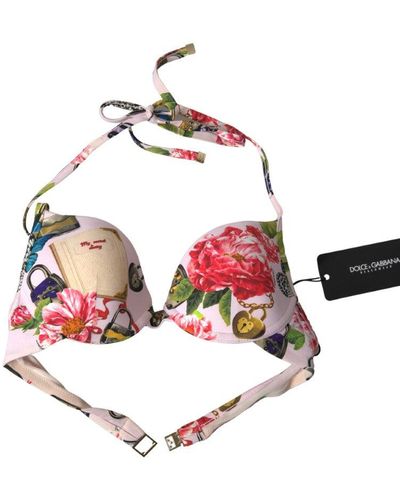 Dolce & Gabbana Pink Floral Halter Beachwear Swimwear Bikini Top - Red