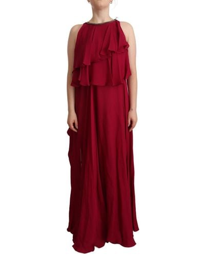 Plein Sud Orchid Silk Sleeveless Long Maxi Ruffle Shift Dress - Red