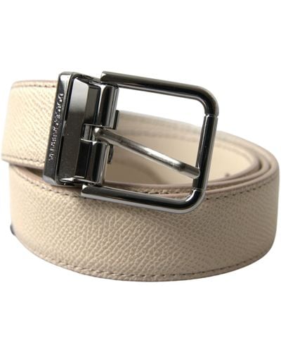 Dolce & Gabbana Beige Leather Metal Buckle Men Cintura Belt - Metallic