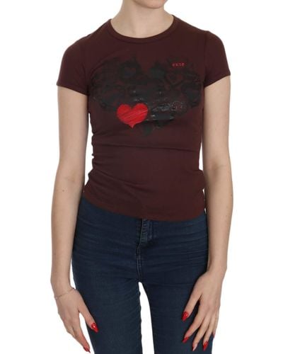 Exte Hearts Short Sleeve Casual T-shirt Top - Brown