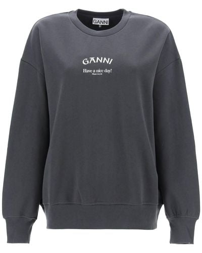 Ganni Oversized Sweatshirt With Logo Print - Gray