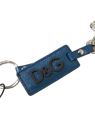 Dolce & Gabbana Blue Leather Dg Logo Silver Tone Metal Keychain