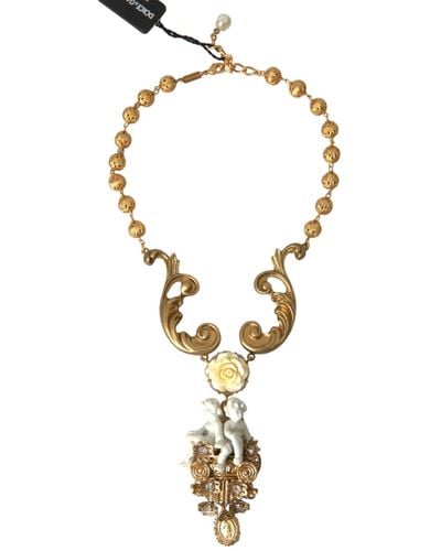 Dolce & Gabbana Brass Angel Floral Beaded Embellished Necklace - Metallic