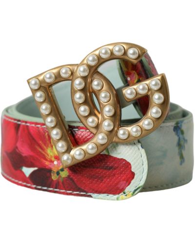 Dolce & Gabbana Floral Leather Dg Logo Buckle Belt - Red