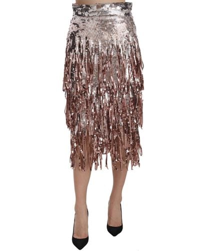 Dolce & Gabbana Dolce Gabbana Sequin Embellished Fringe Midi Pencil Skirt - Metallic