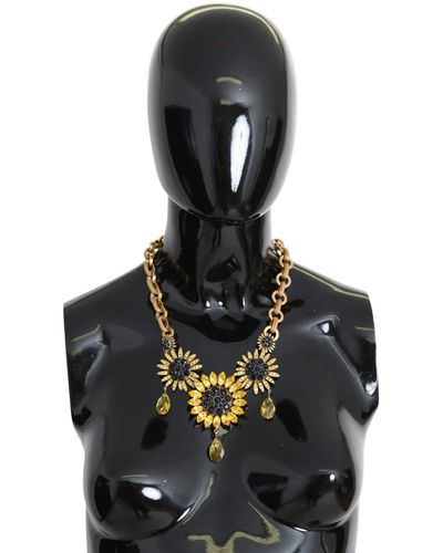 Dolce & Gabbana Gold Brass Chain Crystal Sunlower Pendants Necklace - Black