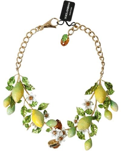 Dolce & Gabbana Brass Chain Crystal Lemon Lily Pendant Necklace - Metallic