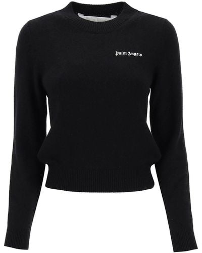 Palm Angels Cropped Sweater With Logo Embroidery - Black