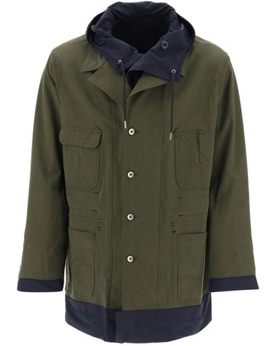 Sacai Reversible Cotton Blend Overcoat With - Green
