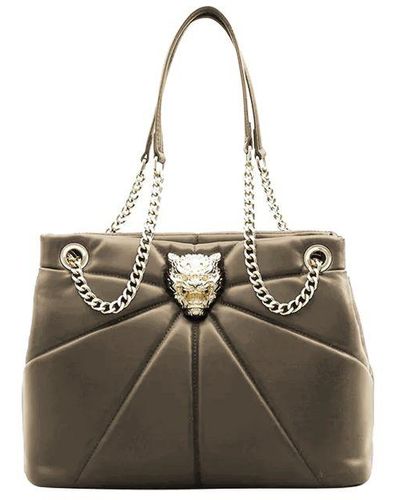 Philipp Plein Tiger Bezel Faux Leather Tote With Gold Chain - Gray