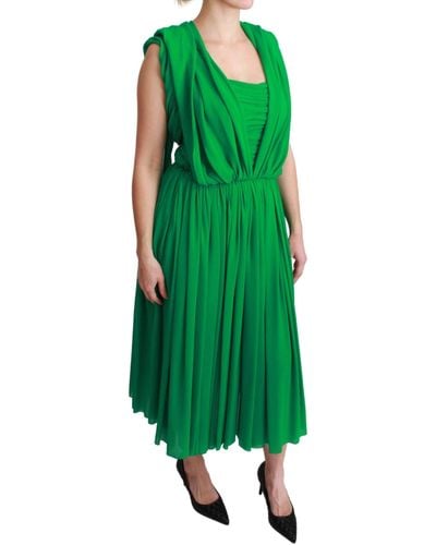Dolce & Gabbana 100% Silk Sleeveless Pleated Maxi Dress - Green