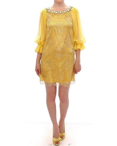 Dolce & Gabbana Dolce Gabbana Yellow Lace Crystal Mini Dress