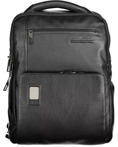 Piquadro Elegant Black Leather Backpack With Combination Lock