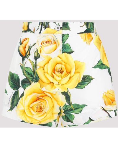 Dolce & Gabbana Yellow Rose Print Cotton Shorts - Metallic