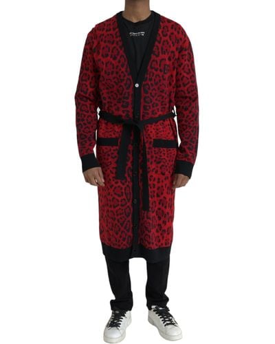 Dolce & Gabbana Leopard Wool Robe Belted Cardigan Jumper - Red