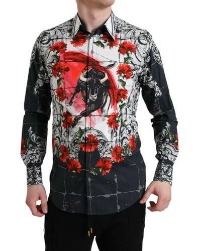 Dolce & Gabbana Slim Fit Floral Bull Cotton Dress Shirt - Red