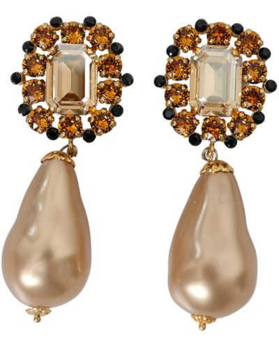 Dolce & Gabbana Brass Crystal Faux Pearl Clip On Dangling Earrings - Metallic
