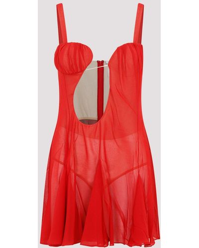 Nensi Dojaka Red Silk Asymmetrical Panel Godet Mini Dress
