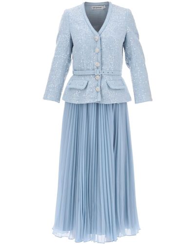 Self-Portrait Midi Dress With Pleated Skirt - Blue