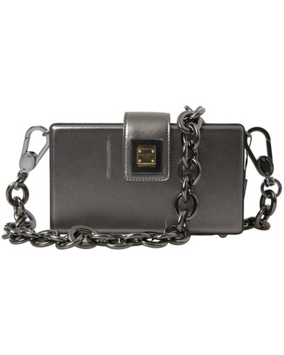 Dolce & Gabbana Metallic Grey Calfskin Shoulder Bag With Chain Strap - Black