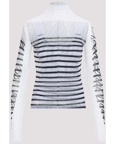 Jean Paul Gaultier White Spandex Mesh Printed Feathers Mariniere Top - Blue